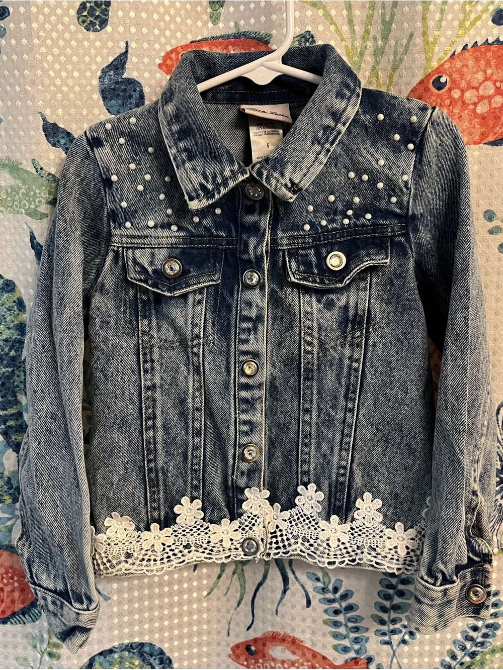 Little Lass Blue Denim Jacket with White Lace & Pearl Studs